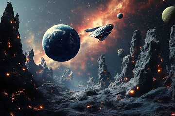 spaceship and earth and planets