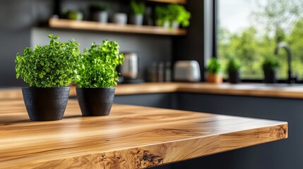 Poster - Two Small Potted Plants on Light Wood Kitchen Counter with Modern Kitchen Background Featu Dark Cabinets and Wooden Shelves for a Cozy Feel