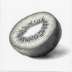 Poster - Whole kiwi fruit with fuzzy exterior showcasing vibrant green interior and black seeds resting on a clean surface
