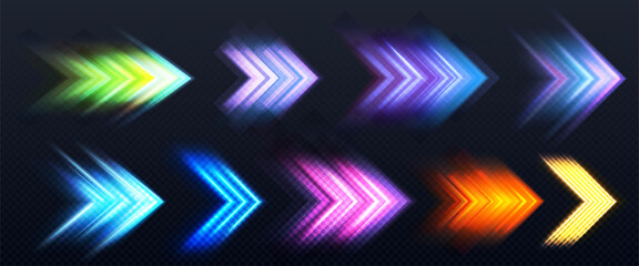 Poster - Glowing arrow shapes set - colorful neon pointers with light trails, speed lines. Bright gradient direction symbols, electric illuminated badges for futuristic interface, motion design boost elements.