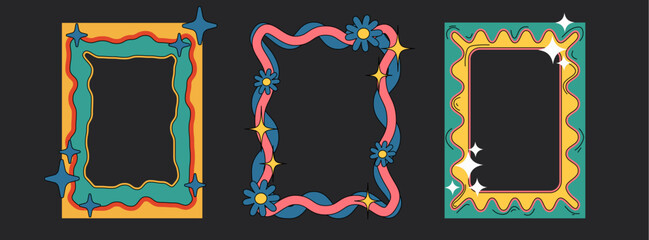 Poster - Groovy colorful borders with wavy lines, stars, flowers. Psychedelic retro frames in 1960s hippie style. Funky decorative elements for posters, invitations, cards. Patterned rectangular ornaments.