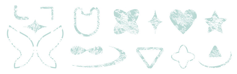 Poster - Grainy shapes set isolated on white background. Vector realistic illustration of turquoise heart, flower, star, butterfly figures with gradient noise texture, y2k halftone icons, photocopy effect