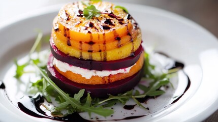 Poster - Unique beet and orange salad layered with creamy cheese and drizzled with balsamic reduction for a refreshing taste experience
