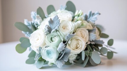 Poster - Beautiful bouquet of white roses and eucalyptus arranged for a tranquil setting