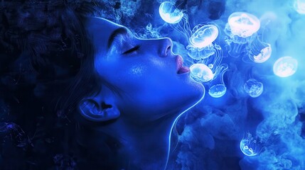 Poster - Surreal representation of a glowing woman interacting with ethereal jellyfish in a dreamlike underwater world