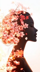 Aufkleber - Profile of a woman surrounded by blossoming flowers during a peaceful sunset at a tranquil nature setting