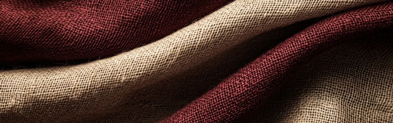 Fototapete - Rustic burgundy and beige burlap fabric showcasing texture and warmth in a cozy setting