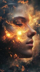 Poster - Mystical portrait highlighting a man's face, infused with cosmic elements and warm, fiery colors in an ethereal setting