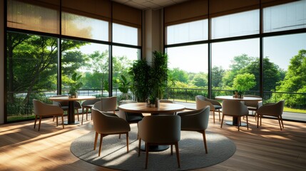 Poster - Sunlit modern dining area featu multiple small tables and chairs arranged around large overlooking a lush green landscape outside.