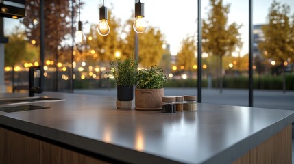 Poster - Modern kitchen island with elegant light grey countertop displaying fresh potted herbs and spice jars, illuminated by Edison pendant lights in autumn view