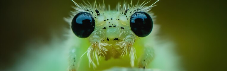 Poster - Vivid close-up of a moth caterpillar's face showcasing intricate details and vibrant colors