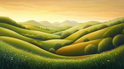 Aufkleber - Glowing depiction of rolling green hills at sunset with soft light illuminating the landscape and colorful vegetation