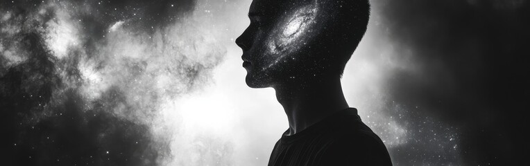 Fototapete - Concept of a man with glowing features reflecting the cosmos against a dark, ethereal backdrop