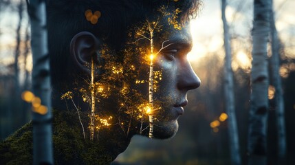 Aufkleber - Man with glowing silhouette and forest reflection during twilight in a serene woodland setting