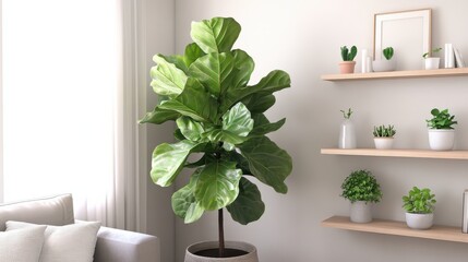 Aufkleber - Scandinavian inspired living room featuring stylish plant decor and minimalist shelves