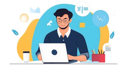 Digital Workspace: A young professional in glasses focused on a laptop in a digital workspace, Surrounded by icons and indicators.
