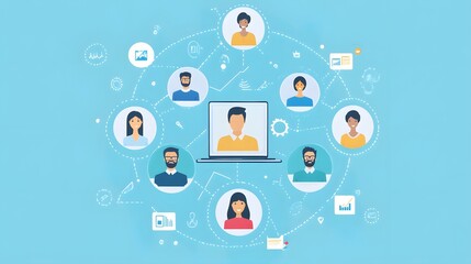 Fototapete - Connected Minds: An artistic representation of global communication. People are connected via a central computer display and a network of symbols.