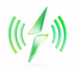 Poster - 3d glass green holographic transparent wireless charging icon. Neon gradient logo with lightning and waves. Electric car or mobile battery charger tech app indicator interface design. 3D illustration