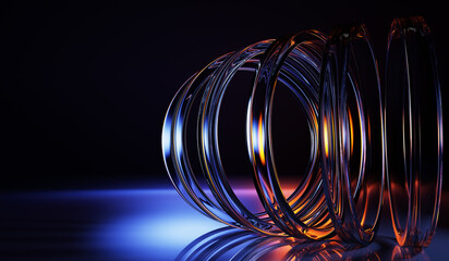 Poster - 3d neon crystal glass rings on water surface. abstract transparent circles with blue pink gold light