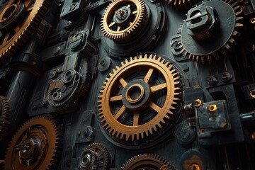 Poster - Intricate arrangement of gears and mechanical components on a dark background