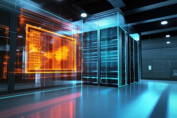 Poster - Modern data center featuring illuminated servers and digital interfaces at nighttime