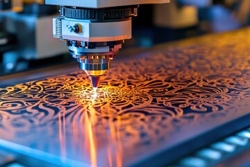 Poster - Laser cutting machine working on intricate design in a workshop