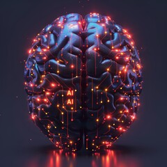 Poster - Stylized brain interwoven with intricate circuit patterns showcases artificial intelligence. The dark background enhances bright colors creating a sleek high-tech appearance.