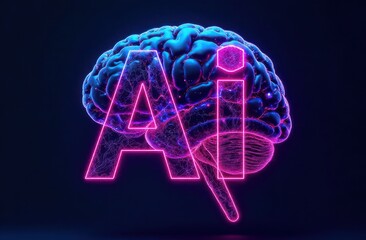 Poster - A vivid representation showcases a glowing brain intertwined with neon letters symbolizing artificial intelligence. The bright colors create a dynamic and engaging atmosphere.