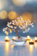 Wall Mural - A crystal-adorned Tree of Life centerpiece glowing under soft candlelight,Tree of Life Wedding Themes