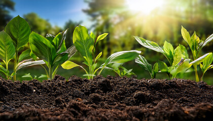 Poster - Green plants sprout from dark soil, illuminated by bright sunlight, creating a vibrant scene of growth and vitality