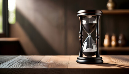 Poster - An elegant hourglass sits on a wooden table, casting soft shadows in a warmly lit room, symbolizing the passage of time