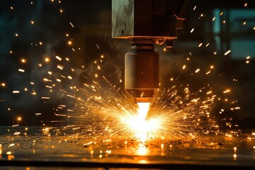 Poster - Laser cutting tools create sparks during metal fabrication in an industrial workshop