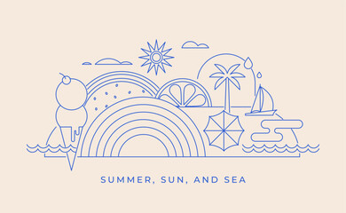 minimalist summer concept design. linear simple, modern style. summer background with palms, beach, 