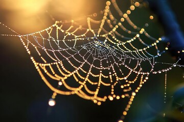 Nature's breathtaking masterpiece, a spiderweb embellished with a glistening dew drop, epitomizes mesmerizing fusion of delicate fragility, captivating geometry, and awe-inspiring beauty