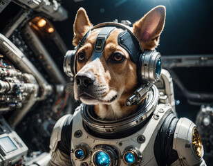Wall Mural - Exploring the cosmos with a brave canine astronaut in a futuristic spacecraft, unveiling the wonders of the universe through captivating 3D animation Generative AI