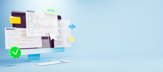 Leinwandbilder - 3D rendering of coding interface with HTML, JavaScript, and user interface elements on light blue gradient background for web development concept. 3D Rendering