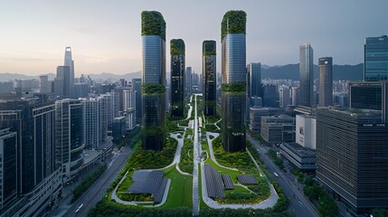 Poster - a sustainable cityscape with lush green rooftops, solar panels, and eco-friendly skyscrapers, futuri