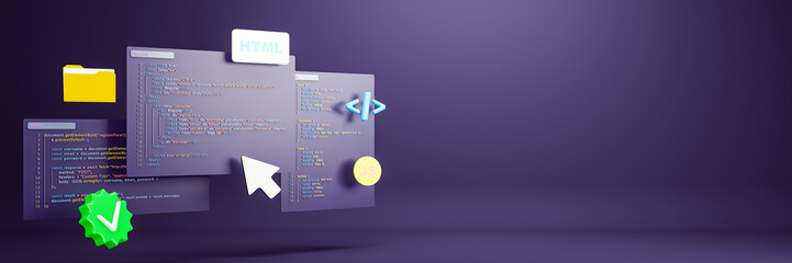 Leinwandbilder - 3D rendering of floating HTML, CSS, and JavaScript code blocks with coding icons and folder symbols on a dark background for web development concept. 3D Rendering