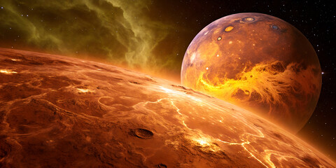 Wall Mural - the surface of a hot planet resembling venus. in the background is another planet with volcanic feat