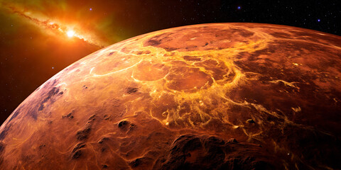 Wall Mural - a yellow-orange planet illuminated by a bright star. the surface features lava plains and craters, c