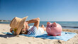 © Gobi - Person Relaxing on a Beach with a Piggy Bank – Representing early retirement and financial freedom.