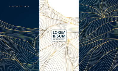 Wall Mural - vector set of abstract gold line background, white and dark blue luxury labels, water waves, leaves,