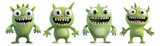 Green 3D monster character smiling with big teeth and wide open mouth. Friendly alien isolated on white background
