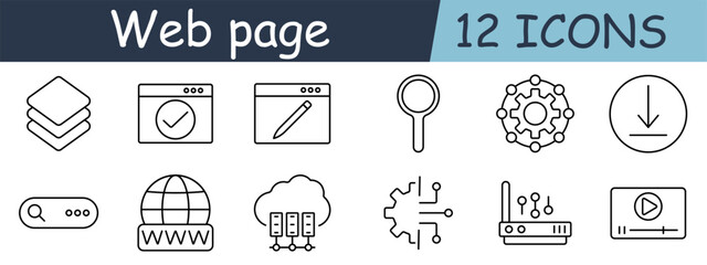 Web page set icon. Layers, browser, pencil, magnifier, gear, download, search, globe, server, structure, router, player