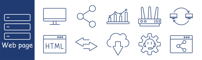 Web page set icon. Display, chart, router, HTML, sync, cloud, download, analytics, web window, interaction, sharing, system data, traffic, visualization, connectivity