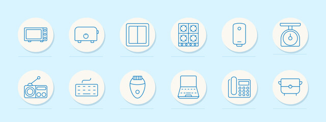  Home appliance set icon. Microwave, toaster, switch, stove, heater, scale, radio, keyboard, epilator, laptop, phone, calculator, multicooker