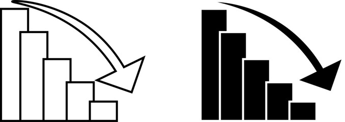 Downward bar chart icon with decreasing trend, financial loss, business decline, stock market drop, economic downturn with transparent background.