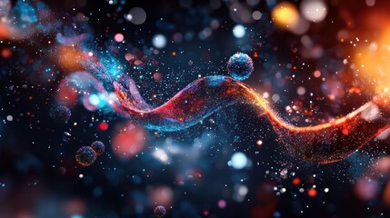 Poster - Captivating Representation of Chromosomes Floating in Space with Colorful Highlights and Stunning Light Effects