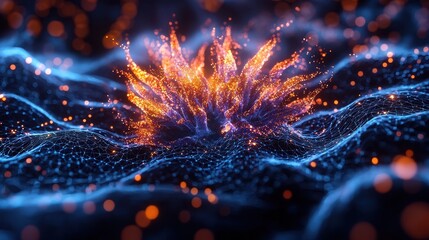 Poster - Detailed Microbiological Render of Neurons in Glo Colors with Vibrant Dynamics and Intricate Patterns in Background