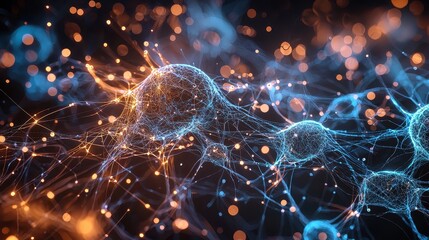 Poster - Detailed Microbiological Render of Neurons with Glowing Effects and Gigapixel Clarity for Scientific Visualization